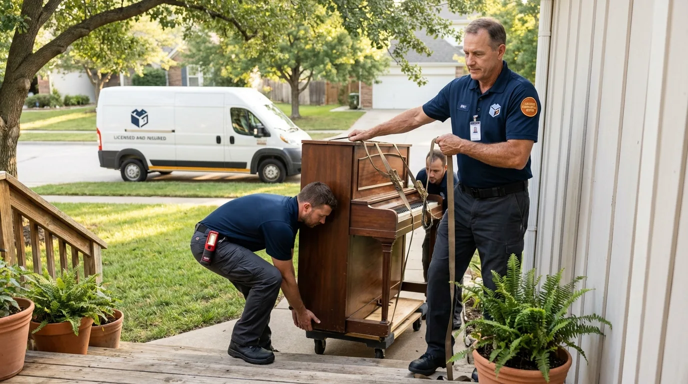 Licensed piano movers securing grand piano in White House, TN