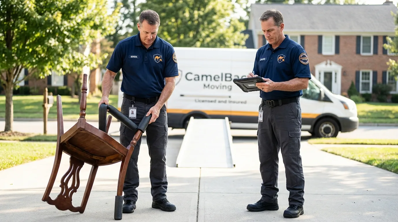 Movers inspecting furniture for damage prevention before loading in White House, TN