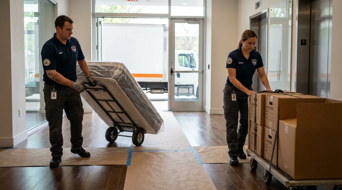 Professional apartment movers loading elevator in White House, TN