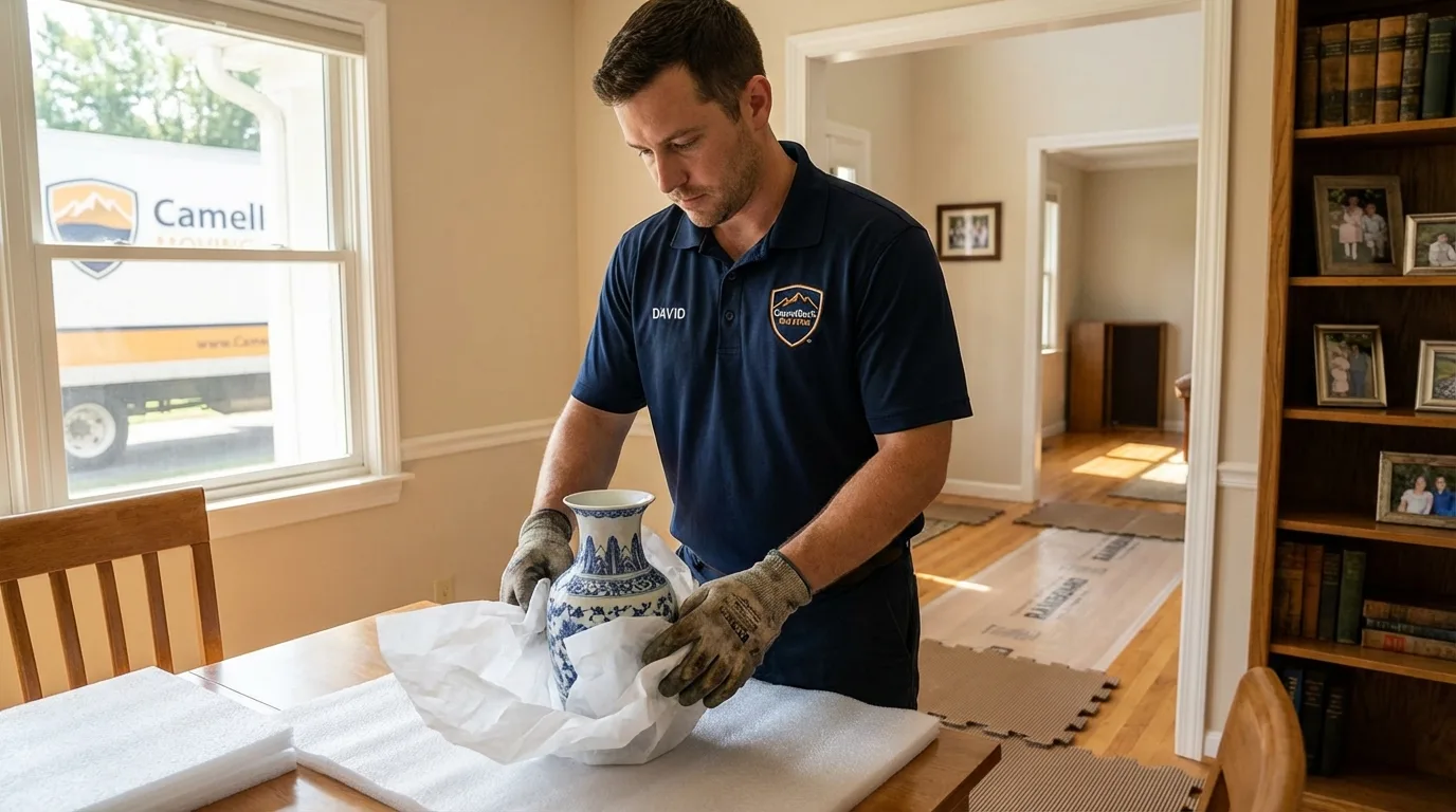 Professional crew carefully wrapping antique vase for senior downsizing move in White House, TN