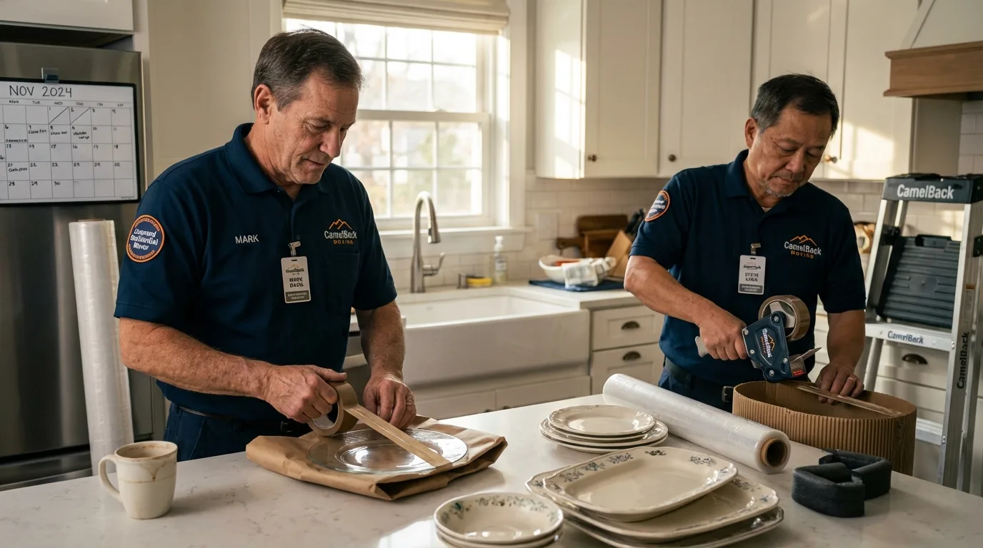 Professional crew packing kitchen dishware in White House, TN